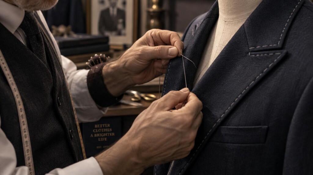Hand stitching a suit lapel showing the handwork that drives tailored suit cost