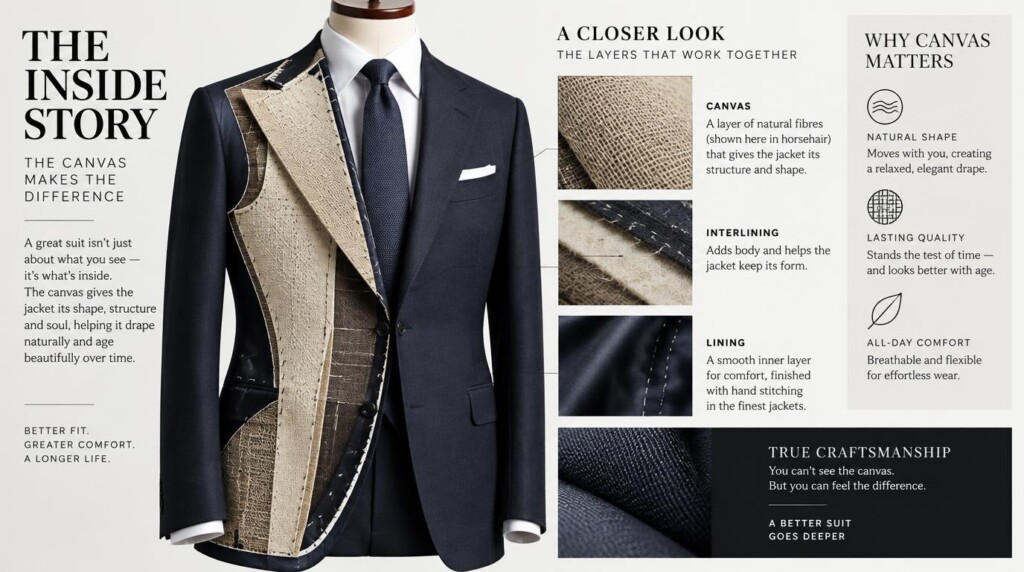 Full canvas suit construction showing the interlining that affects tailored suit cost