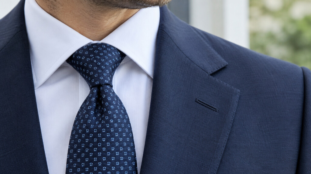 Business formal suit detail with conservative tie and dress shirt collar