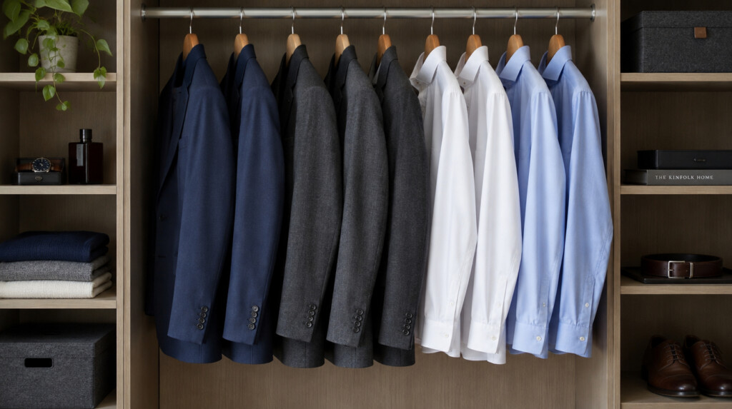 Navy and charcoal business suits with appropriate business formal shirt colours
