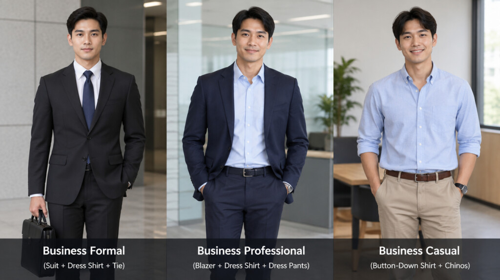 Business attire comparison showing business formal professional and casual suits